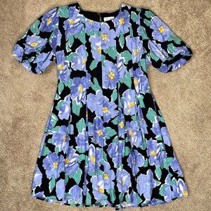 Vestique Dress Womens L Blue Floral Balloon Sleeve Pleated Retro Spring Easter